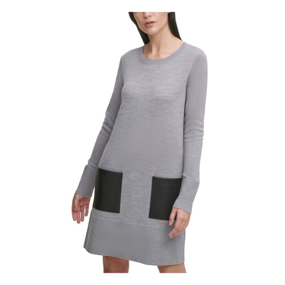 DKNY Womens Gray Sweater Long Sleeve Crew Neck Above The Knee Shift Dress XXS